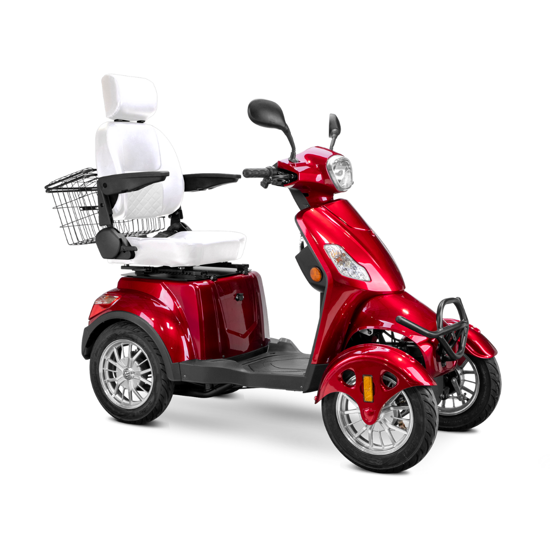 The Bespoke Prestige Recreational 4-Wheel Scooter features a red frame, white cushioned adjustable seat with backrest and armrests, rear metal basket, large wheels, and front/rear lights for comfort and convenience.